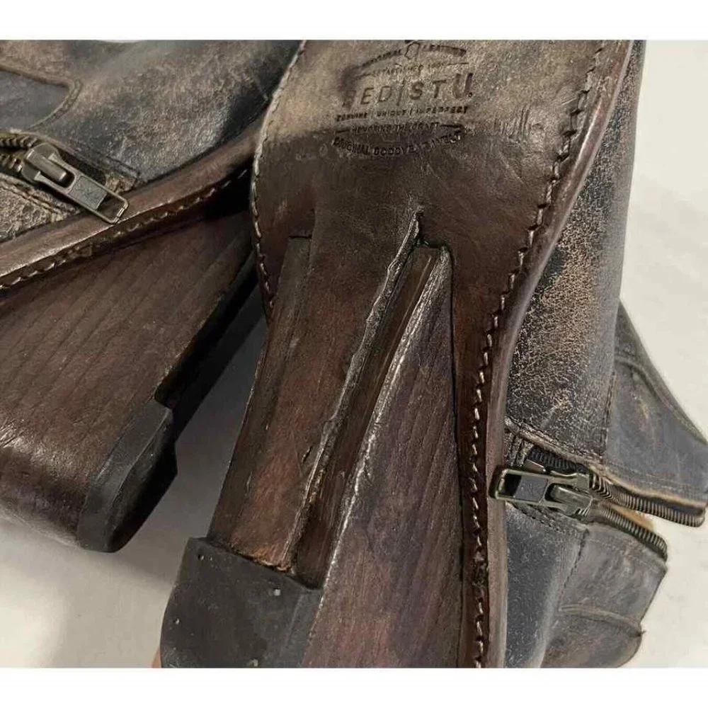 Bed Stu Dark Brown Distressed Leather Wedge Ankle Boots - Picture 8 of 9